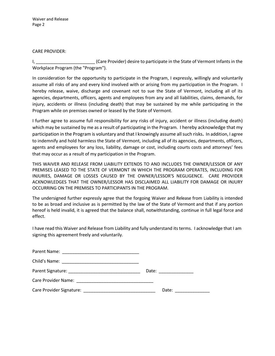 Waiver and Release From Liability - Infants in the Workplace - Vermont, Page 2