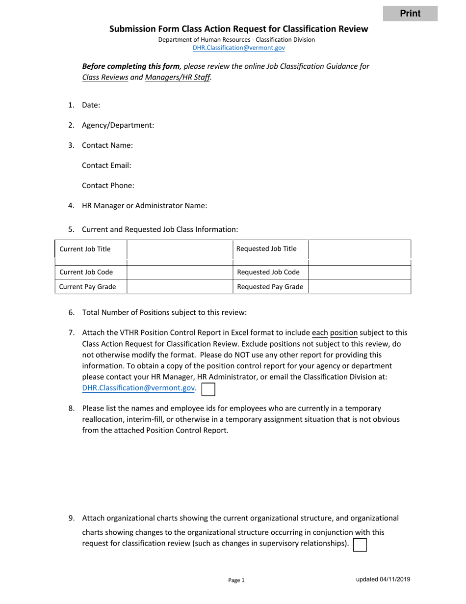 Submission Form Class Action Request for Classification Review - Vermont, Page 1