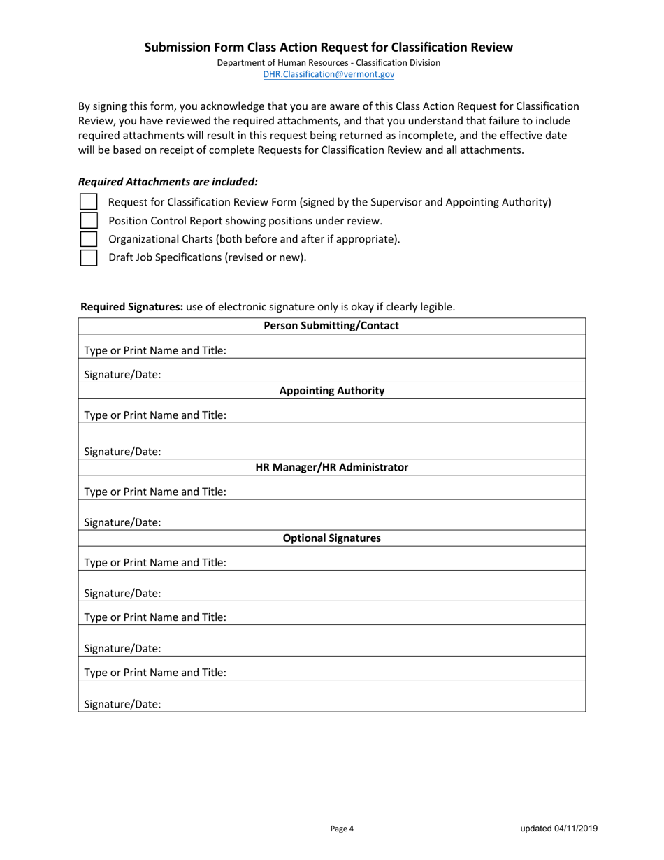 Submission Form Class Action Request for Classification Review - Vermont, Page 4