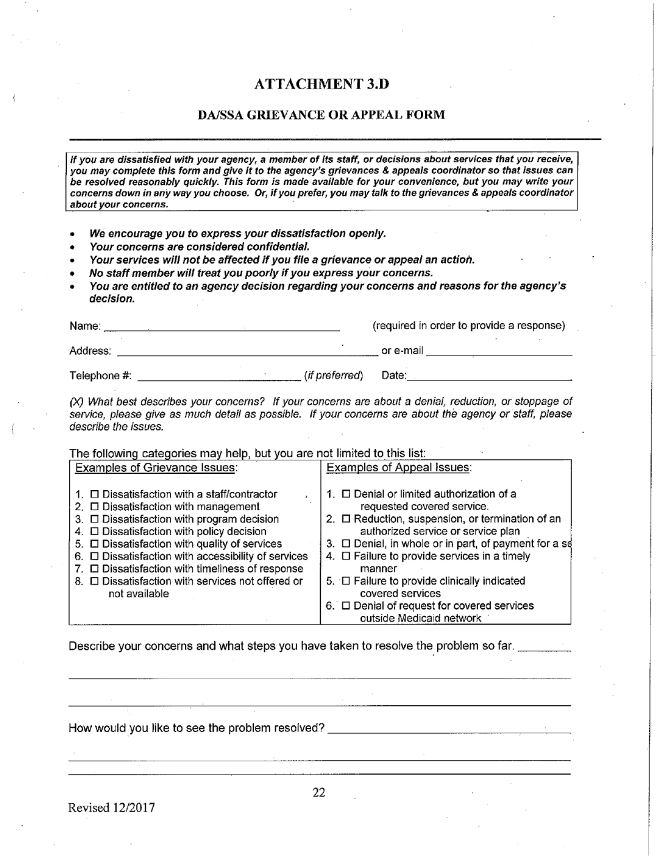 Attachment 3.D DA / Ssa Grievance or Appeal Form - Vermont, Page 1