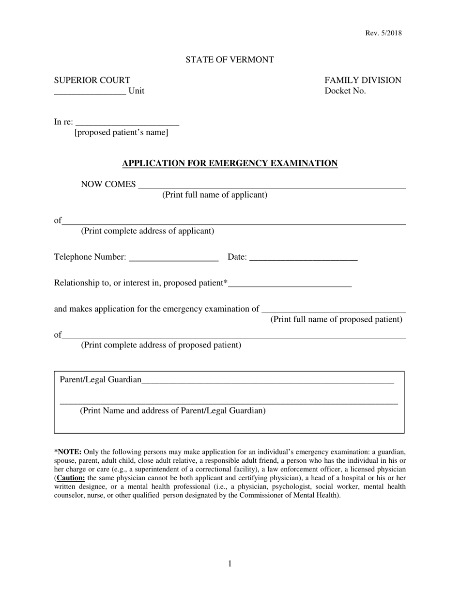 Vermont Application for Emergency Examination Download Fillable PDF