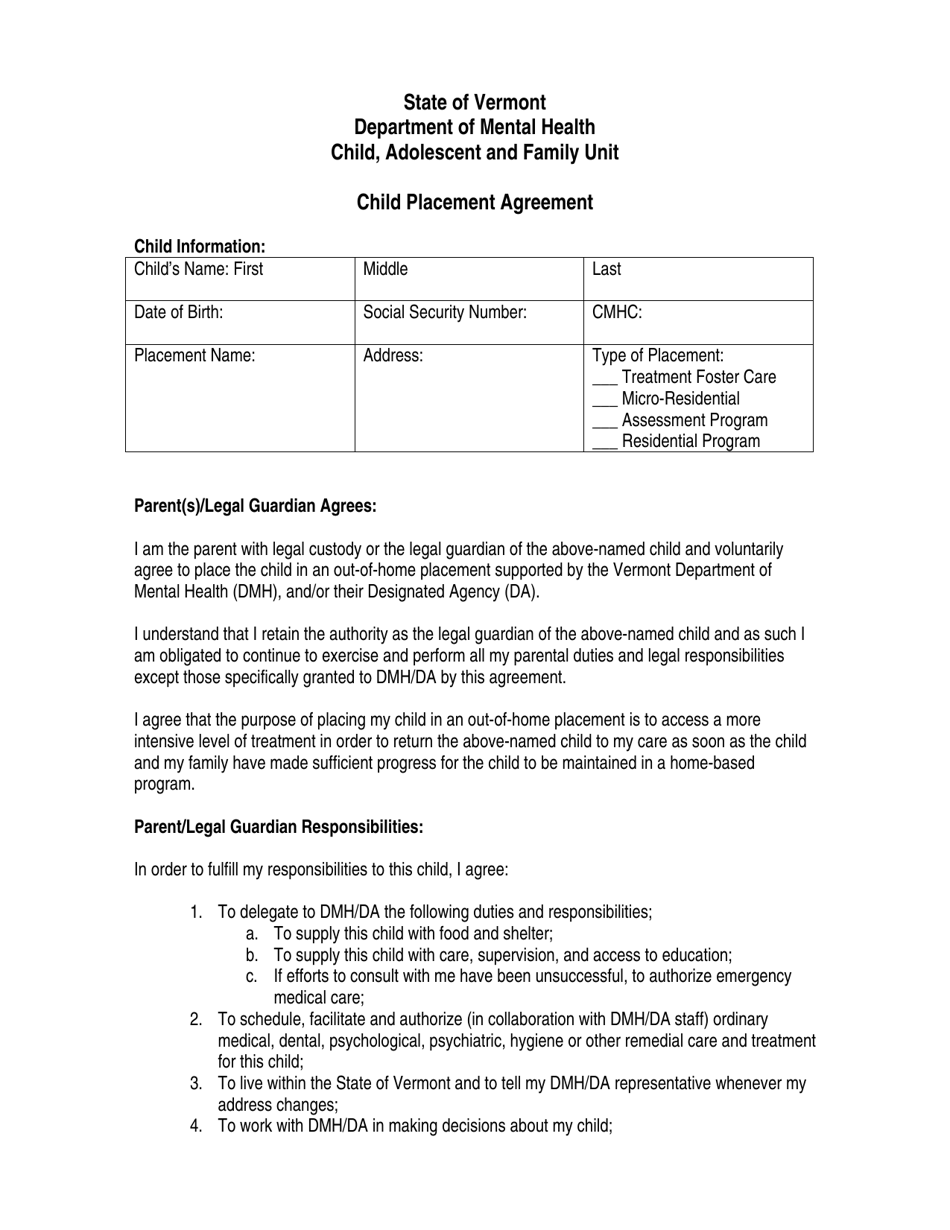Out of Home Child Placement Agreement - Vermont, Page 1