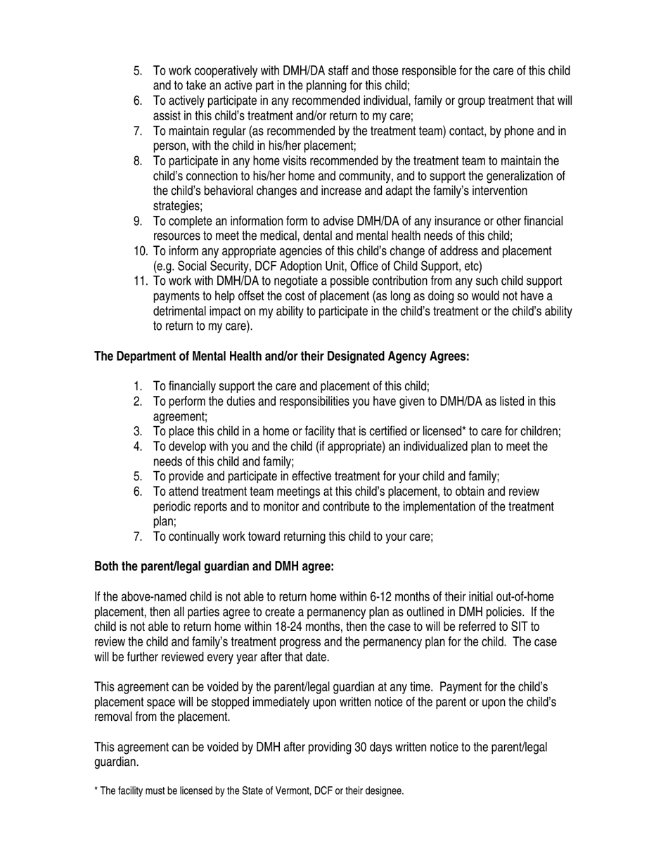 Out of Home Child Placement Agreement - Vermont, Page 2