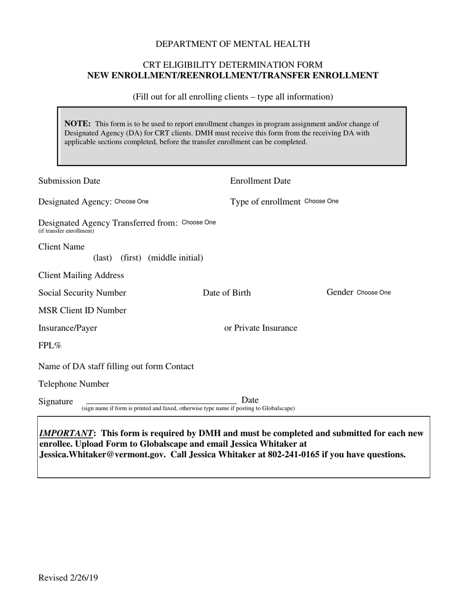 Crt Eligibility Determination Form - New Enrollment / Reenrollment / Transfer Enrollment - Vermont, Page 1