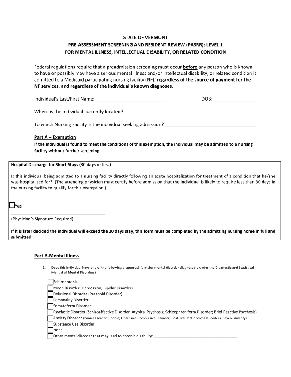 Pre-assessment Screening and Resident Review (Pasrr): Level 1 for Mental Illness, Intellectual Disability, or Related Condition - Vermont, Page 1