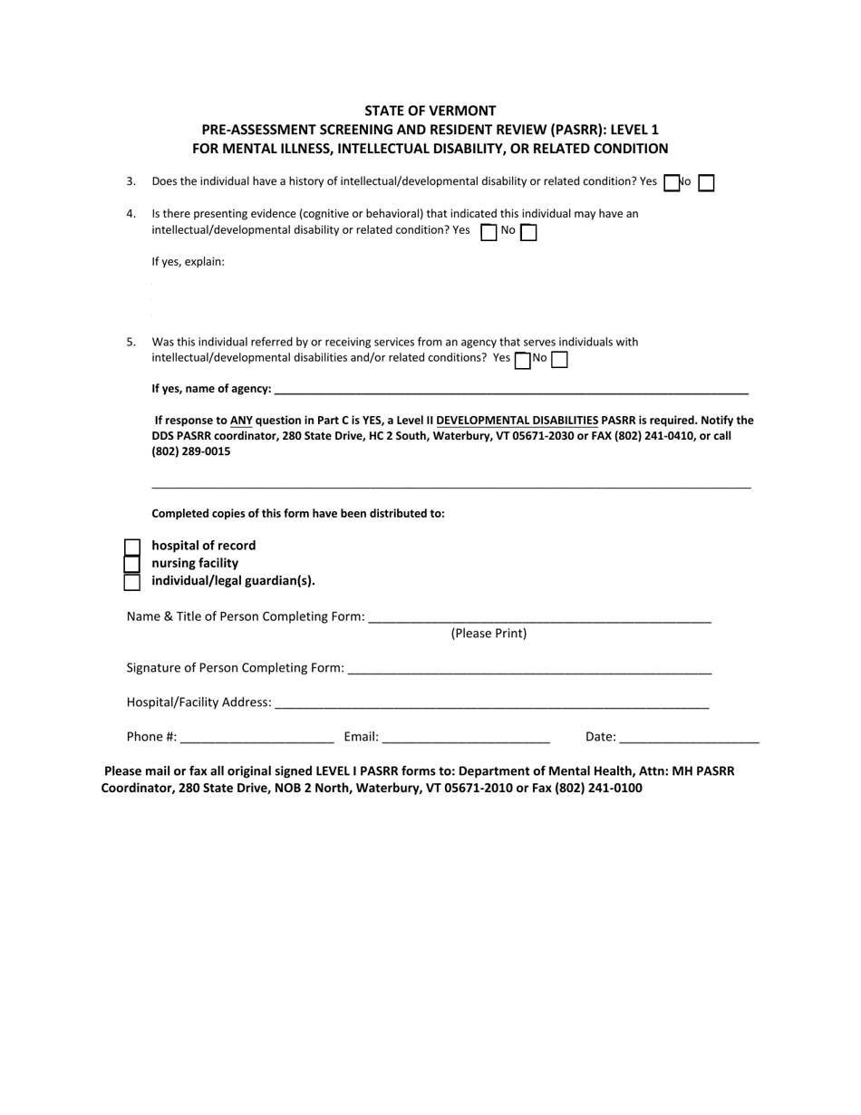 Pre-assessment Screening and Resident Review (Pasrr): Level 1 for Mental Illness, Intellectual Disability, or Related Condition - Vermont, Page 3