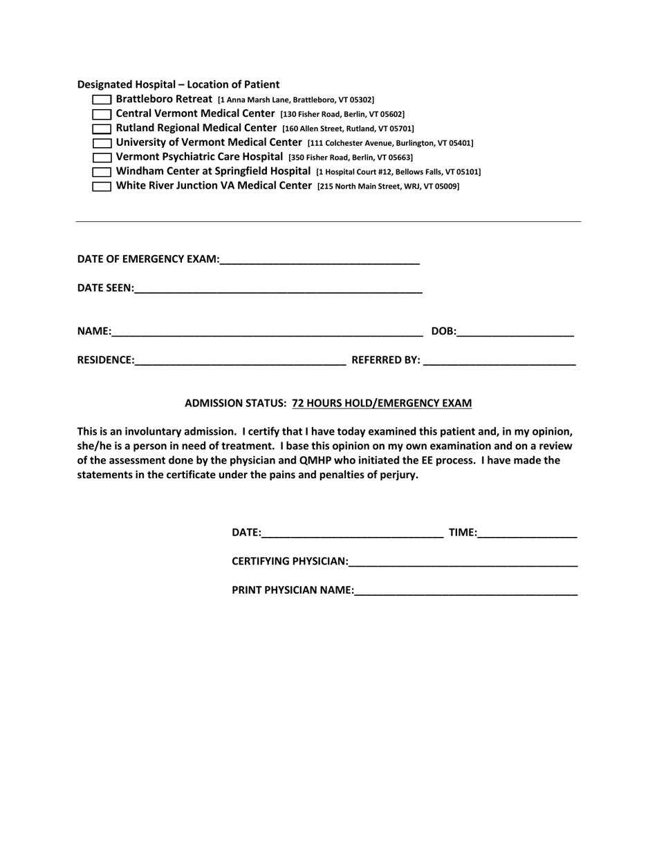 Psychiatrists Certificate (Second Certification Short Form) - Vermont, Page 1
