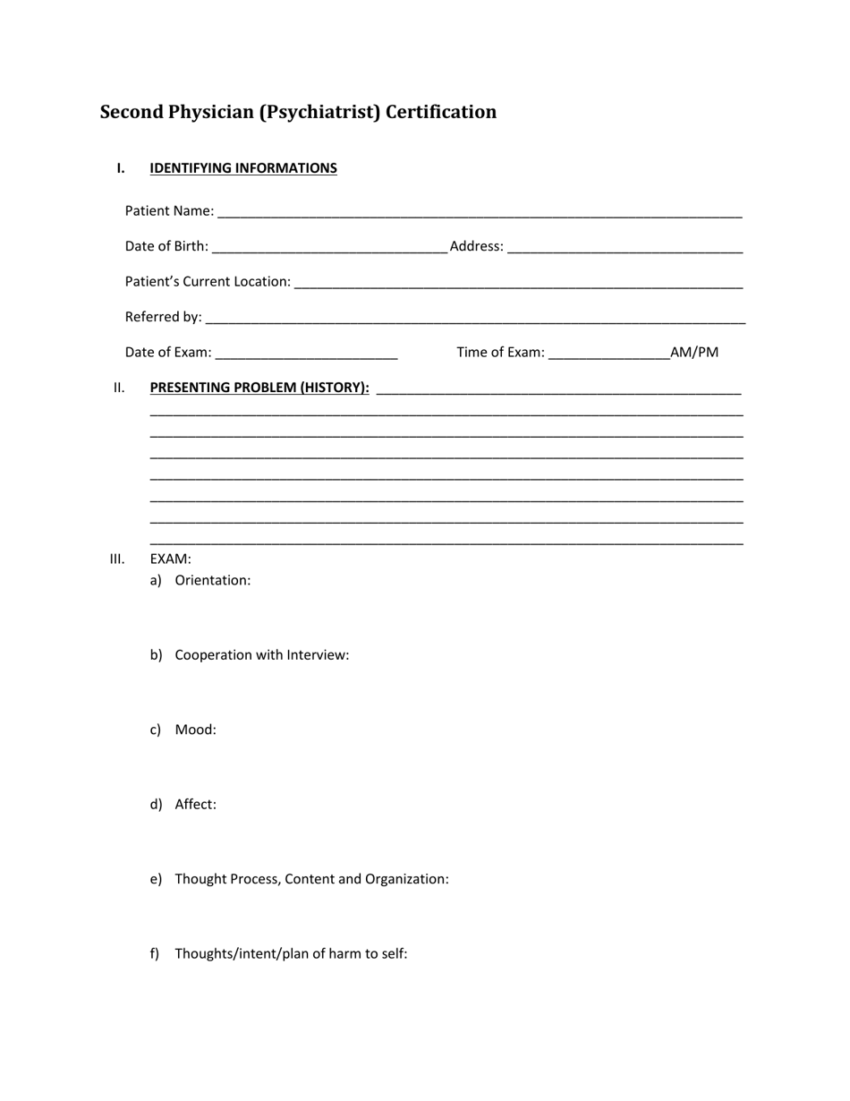 Second Physician (Psychiatrist) Certification Form - Vermont, Page 1