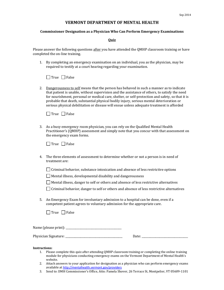 Physician Emergency Examination Quiz - Vermont, Page 1