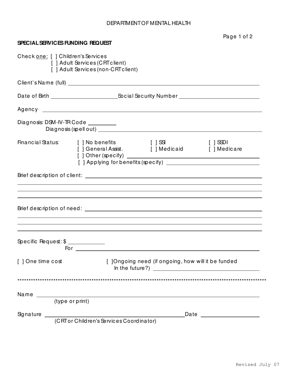 Special Services Funding Request Form - Vermont, Page 1