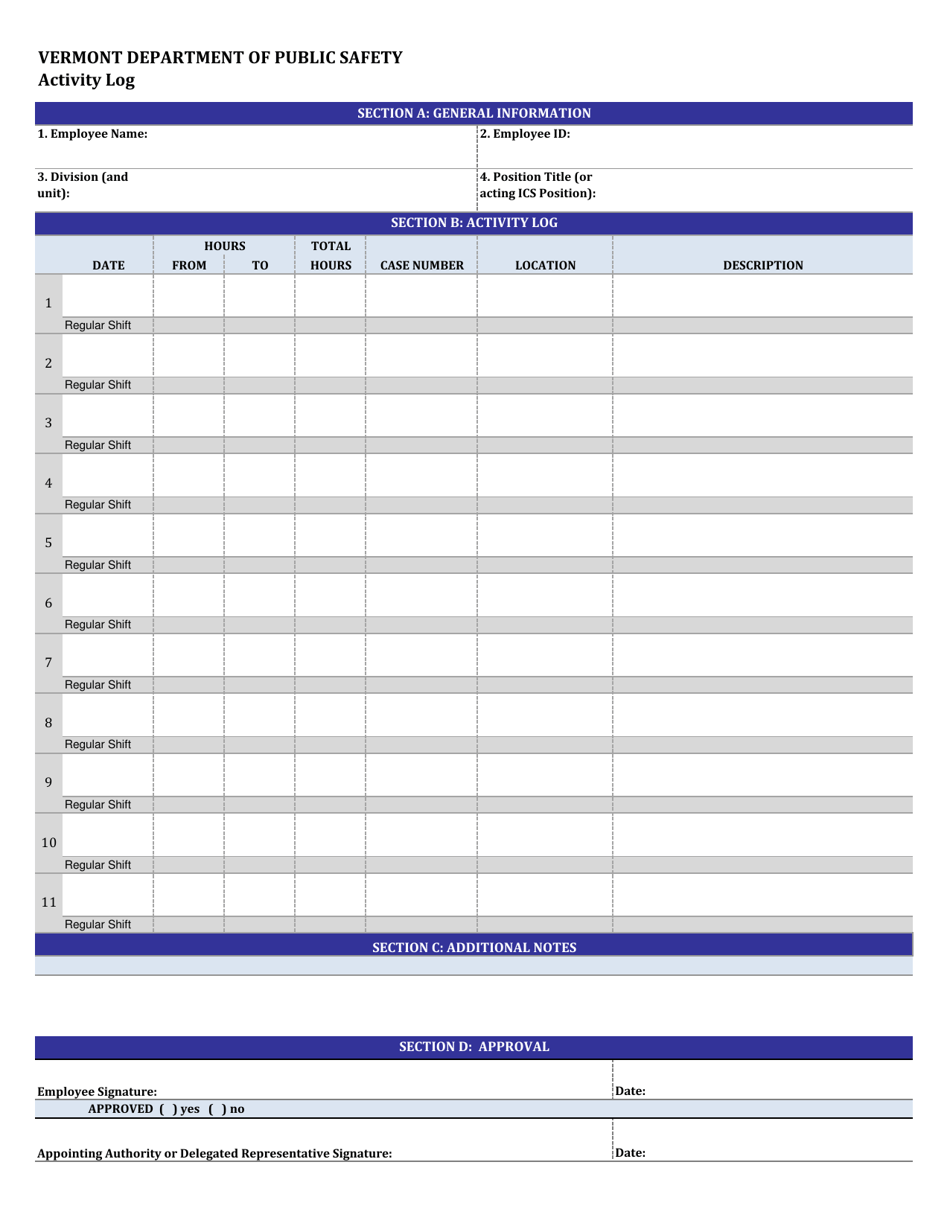 Vermont Activity Log - Fill Out, Sign Online and Download PDF ...