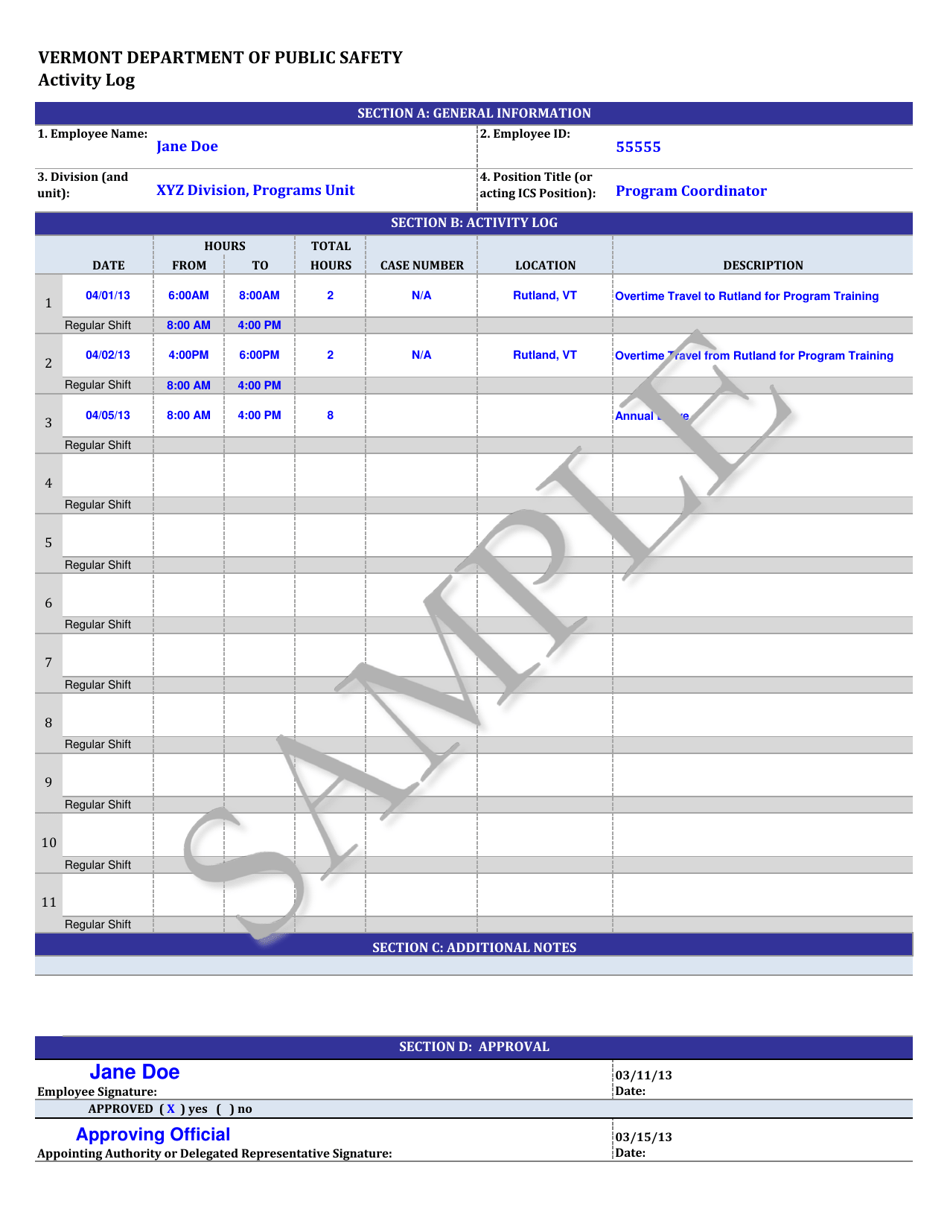 Activity Log - Vermont, Page 3