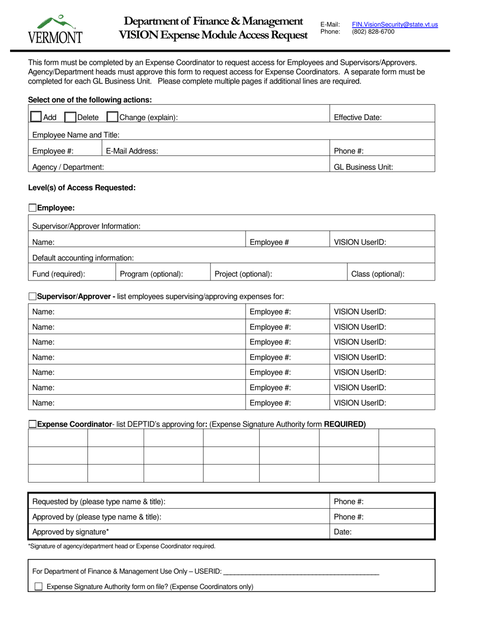Vision Expense Module Access Request Form - Vermont, Page 1