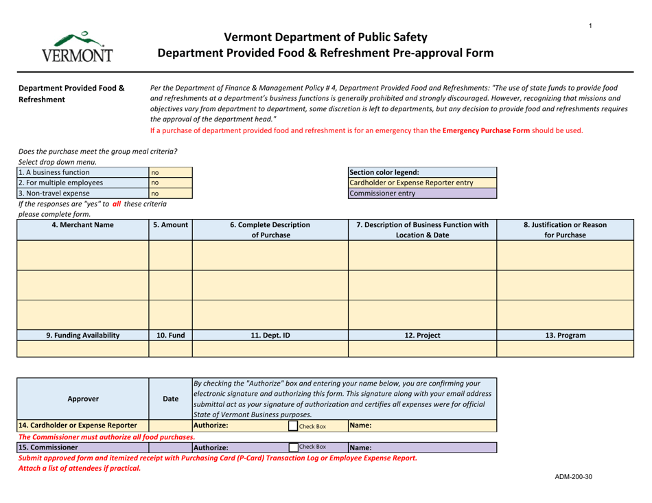 Form ADM-200-30 Department Provided Food  Refreshment Pre-approval Form - Vermont, Page 1