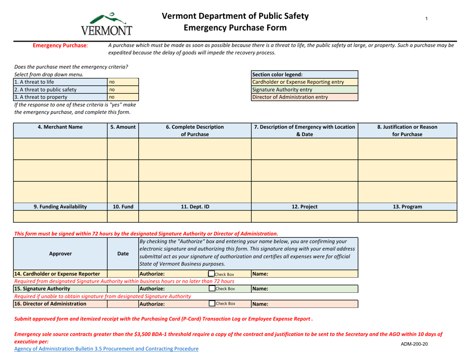 Form ADM-200-20 Emergency Purchase Form - Vermont, Page 1