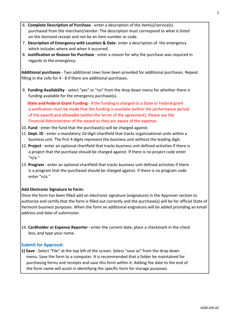 Form ADM-200-20 Emergency Purchase Form - Vermont, Page 3