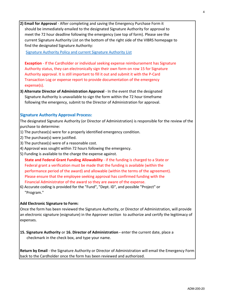 Form ADM-200-20 Emergency Purchase Form - Vermont, Page 4