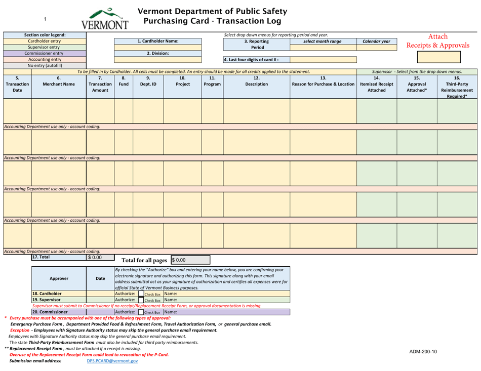 Form ADM-200-10 Purchasing Card - Transaction Log - Vermont, Page 1