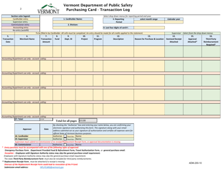 Form ADM-200-10 Purchasing Card - Transaction Log - Vermont, Page 2