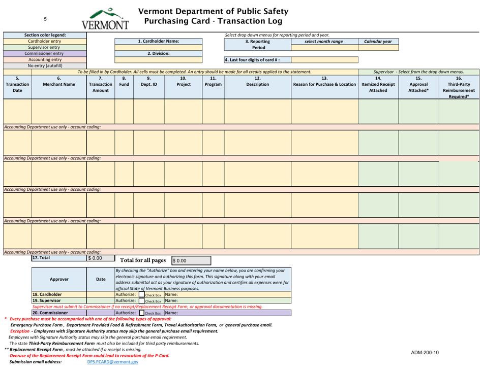 Form ADM-200-10 Purchasing Card - Transaction Log - Vermont, Page 5