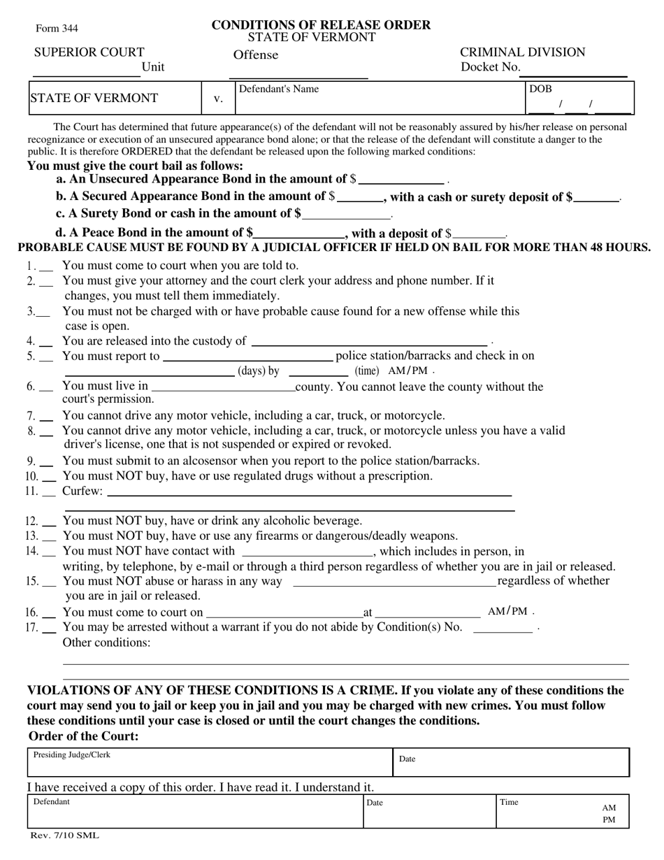 Form 344 Conditions of Release Order - Vermont, Page 1