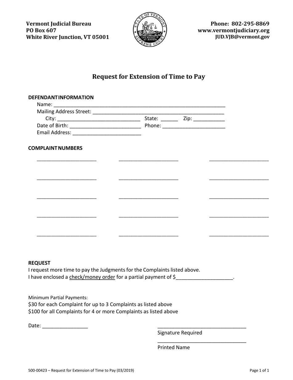 Form 500-00423 Request for Extension of Time to Pay - Vermont, Page 1