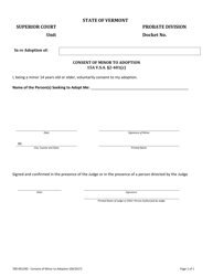 Document preview: Form 700-00139D Consent of Minor to Adoption - Vermont