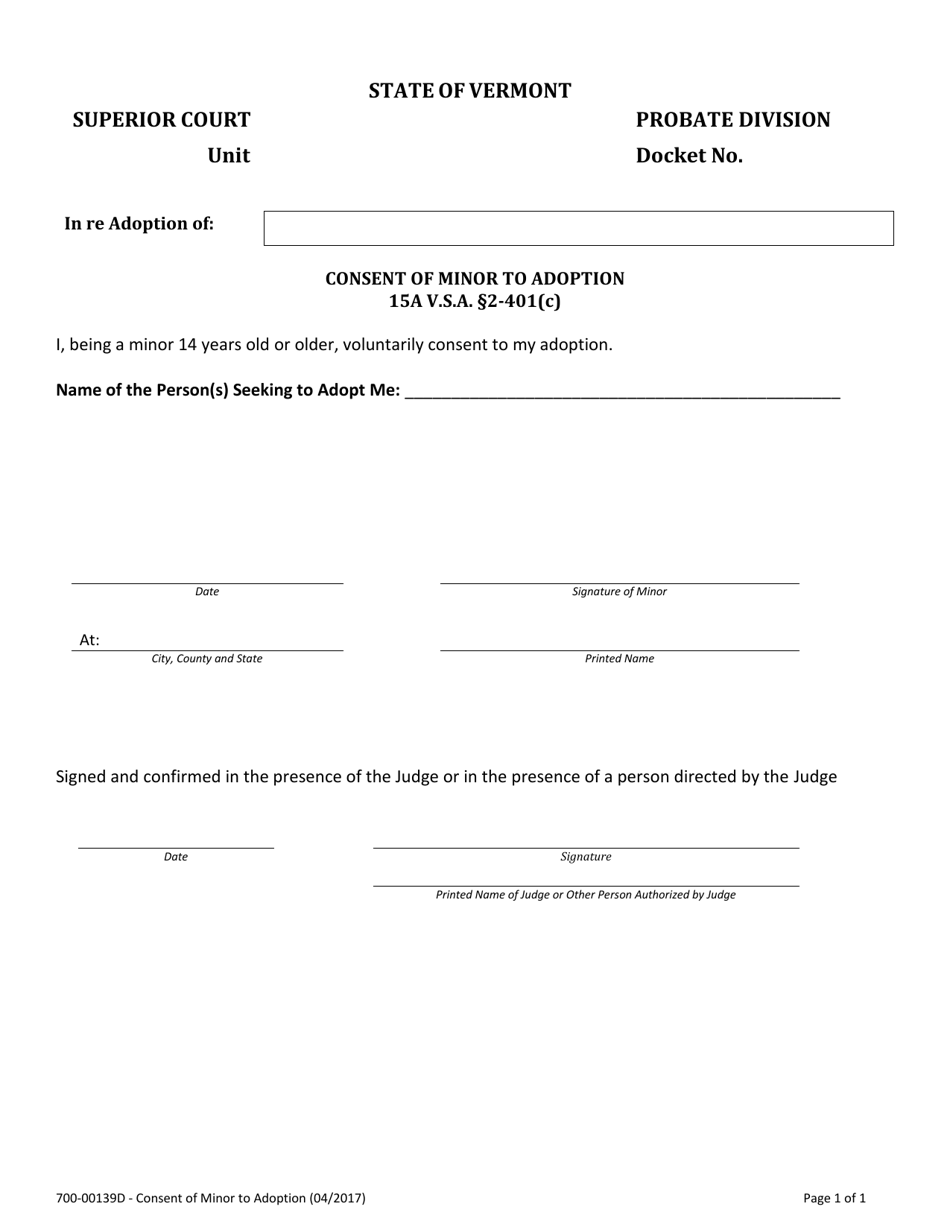Form 700-00139D Consent of Minor to Adoption - Vermont, Page 1