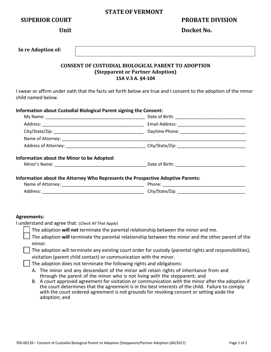 Form 700-00139 Consent of Custodial Biological Parent to Adoption (Stepparent or Partner Adoption) - Vermont, Page 1