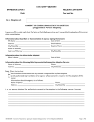 Document preview: Form 700-00139B Consent of Guardian or Agency to Adoption (Stepparent or Partner Adoption) - Vermont