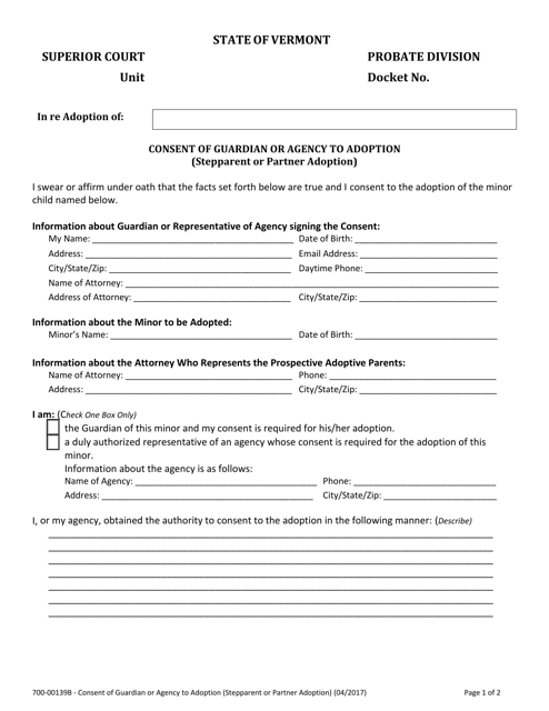 Form 700-00139B Consent of Guardian or Agency to Adoption (Stepparent or Partner Adoption) - Vermont