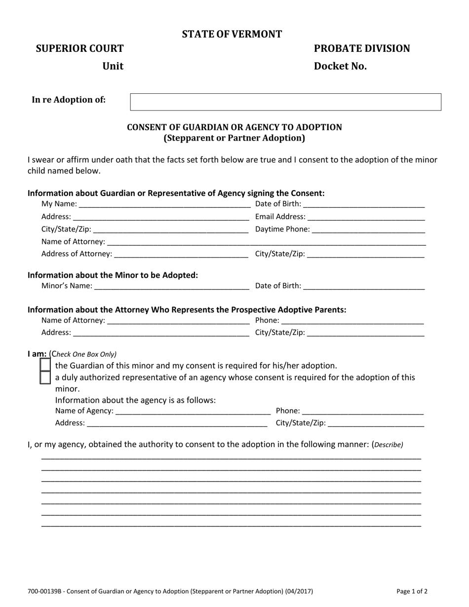 Form 700-00139B Consent of Guardian or Agency to Adoption (Stepparent or Partner Adoption) - Vermont, Page 1