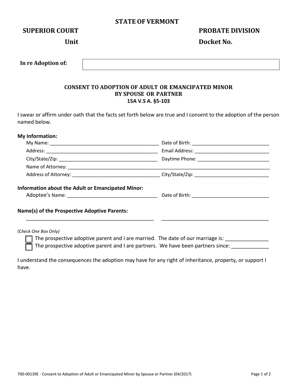 Form 700-00139E Consent to Adoption of Adult or Emancipated Minor by Spouse or Partner - Vermont, Page 1