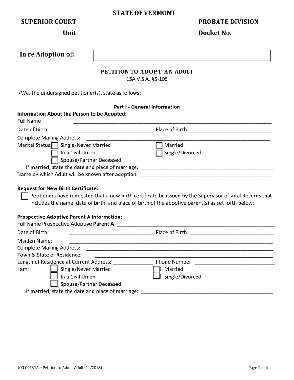 Form 700-00131A Petition to Adopt an Adult - Vermont, Page 1