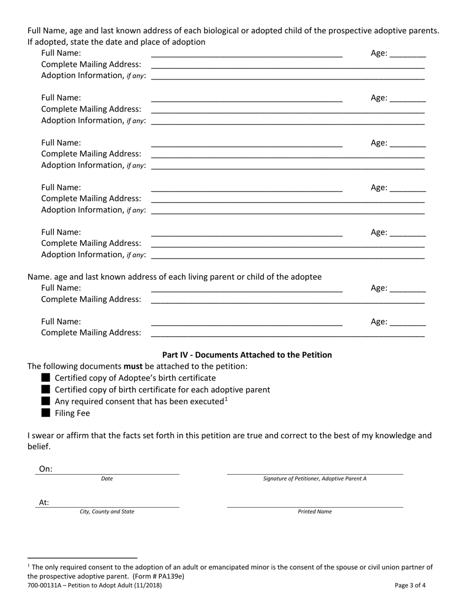 Form 700-00131A Petition to Adopt an Adult - Vermont, Page 3