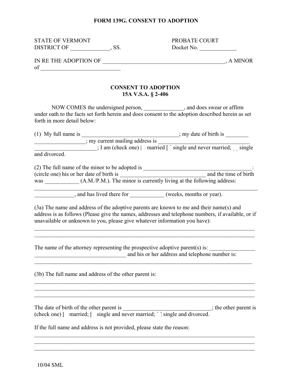 Form PC139G Consent to Adoption - Vermont, Page 1