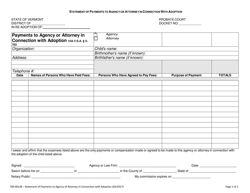 Form 700-00138 Payments to Agency or Attorney in Connection With Adoption - Vermont
