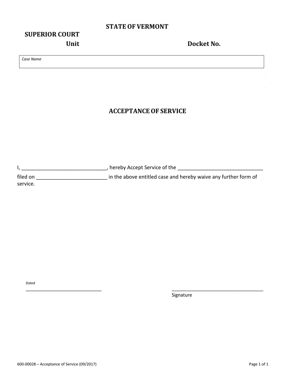 Form 600-00028 Acceptance of Service - Vermont, Page 1
