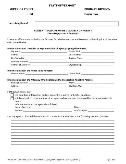 Form 700-00139C Consent to Adoption by Guardian or Agency (Non-stepparent Adoption) - Vermont
