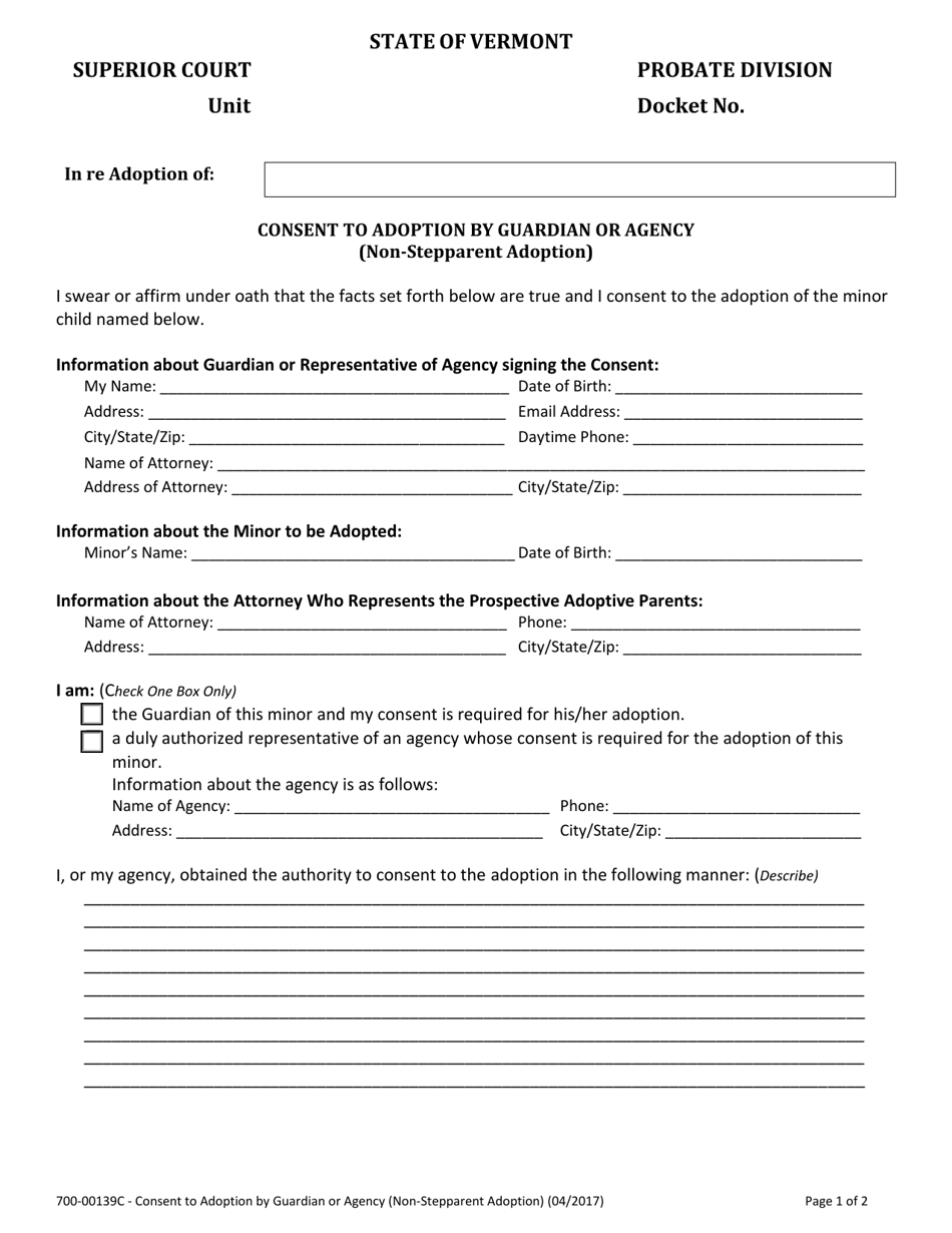 Form 700-00139C Consent to Adoption by Guardian or Agency (Non-stepparent Adoption) - Vermont, Page 1