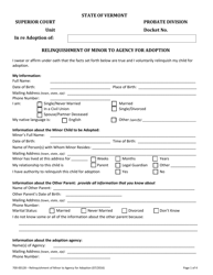 Document preview: Form 700-00128 Relinquishment of Minor to Agency for Adoption - Vermont
