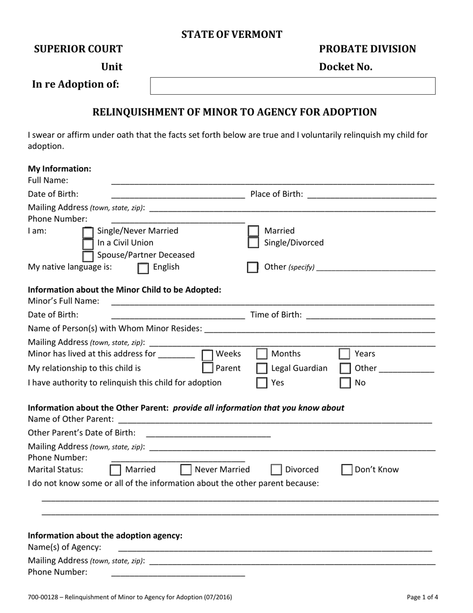 Form 700-00128 Relinquishment of Minor to Agency for Adoption - Vermont, Page 1