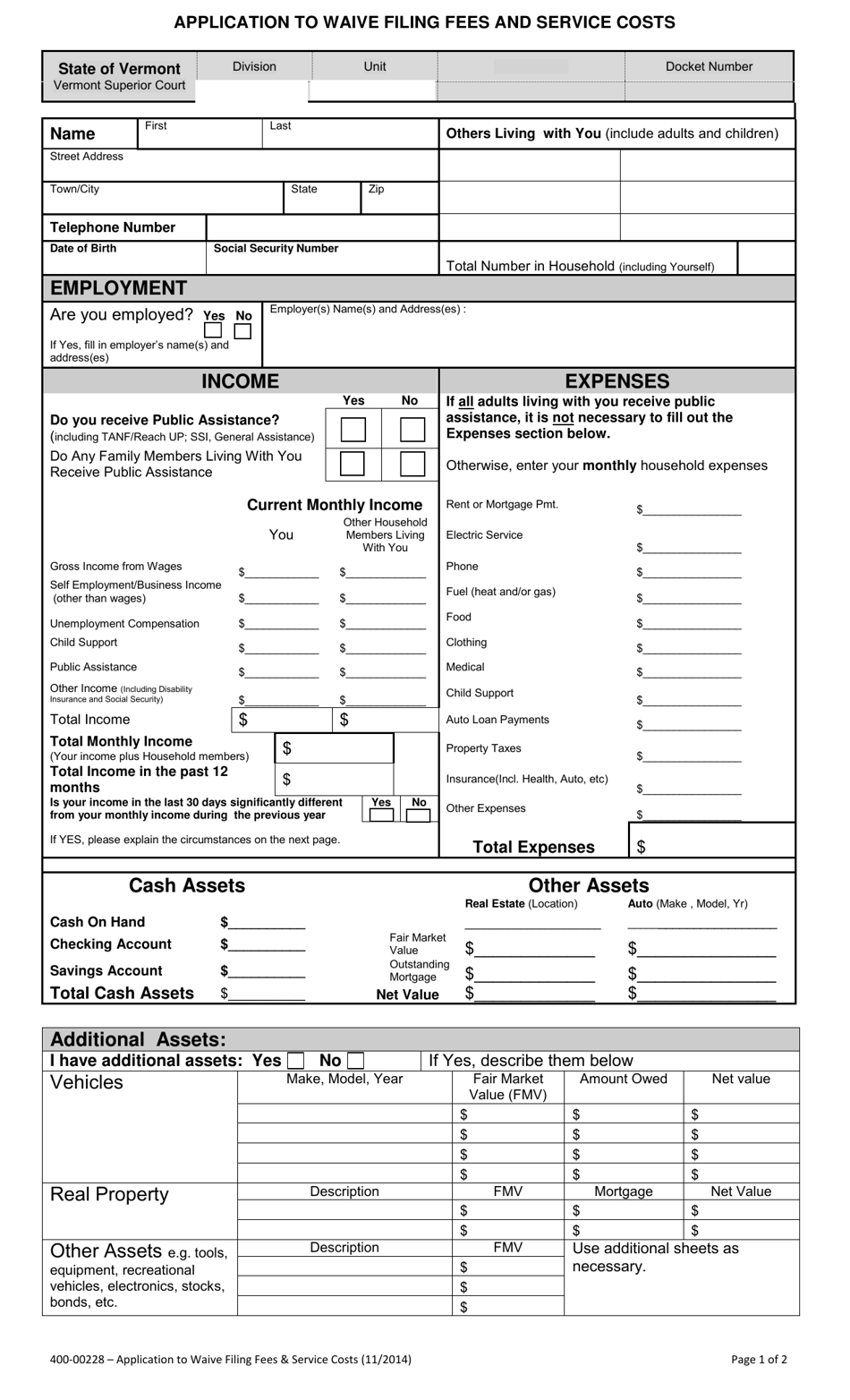 Form 400-00228 Application to Waive Filing Fees and Service Costs - Vermont, Page 1
