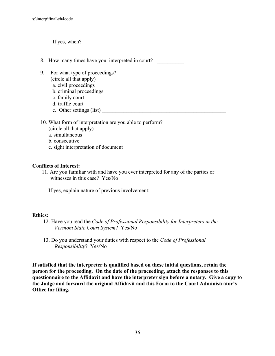 Appendix D Initial Determination of Interpreter Qualifications by Court Manager (Or Designee) - Vermont, Page 2