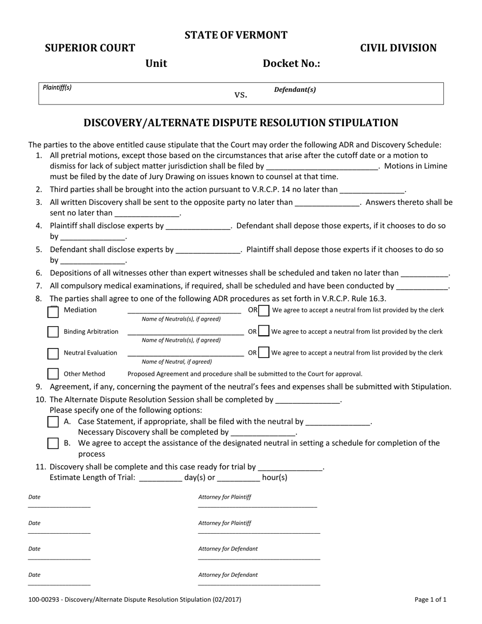 Form 100-00293 Discovery / Alternate Dispute Resolution Stipulation - Vermont, Page 1