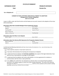 Document preview: Form 700-00139A Consent of Non-custodial Biological Parent to Adoption (Stepparent or Partner Adoption) - Vermont