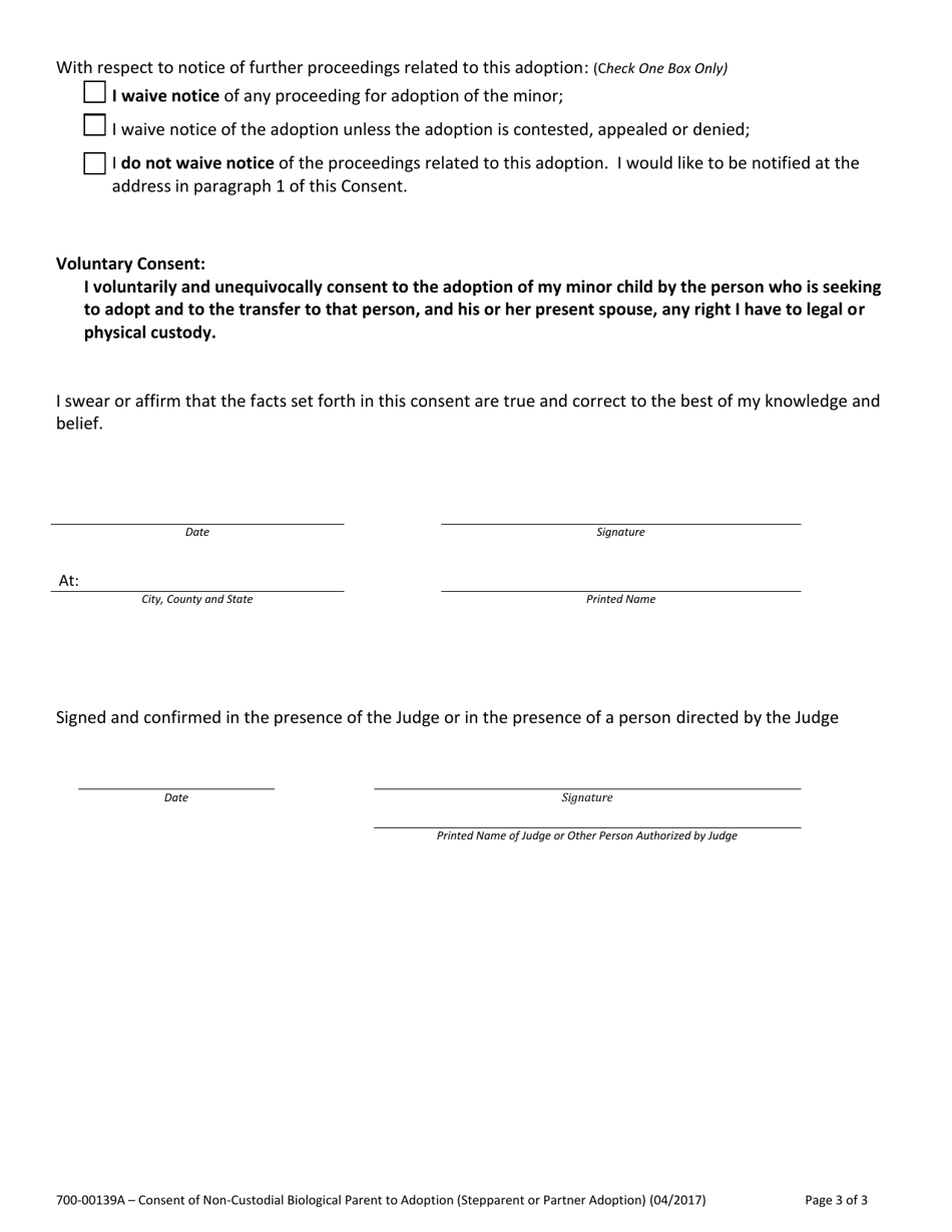 Form 700-00139A Consent of Non-custodial Biological Parent to Adoption (Stepparent or Partner Adoption) - Vermont, Page 3