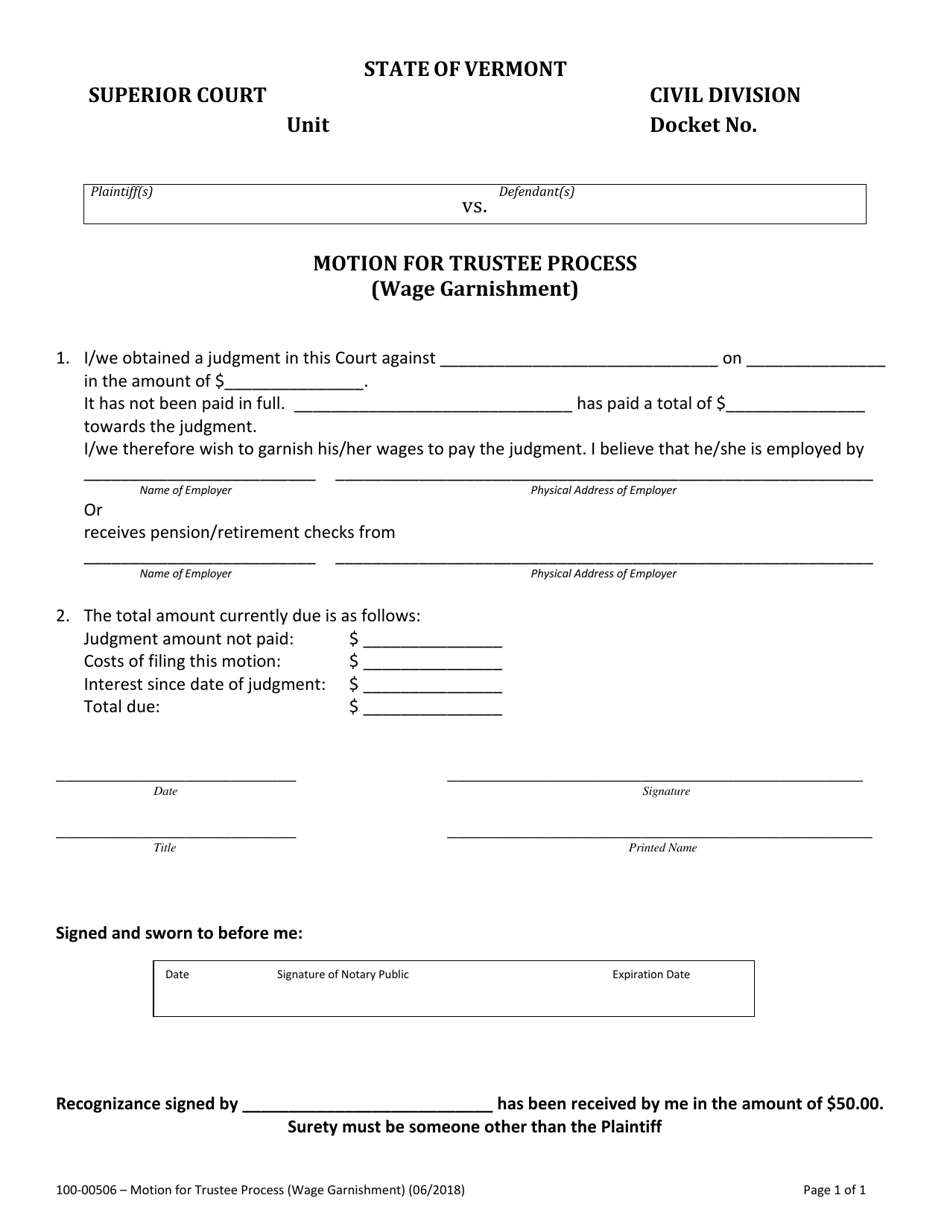 Form 100-00506 Motion for Trustee Process (Wage Garnishment) - Vermont, Page 1