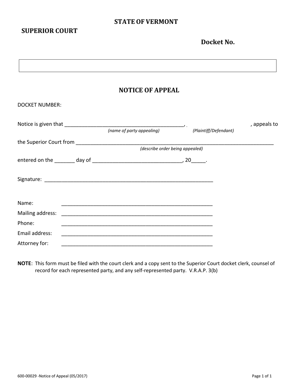 Form 600-00029 Notice of Appeal - Vermont, Page 1