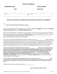 Form 100-00269 Notice of Lawsuit &amp; Request for Waiver of Service of Summons - Vermont